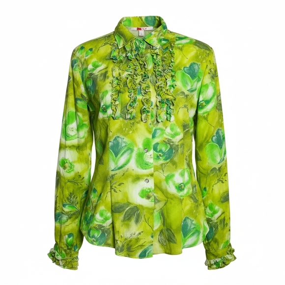 Vintage Tops - True 1970s Ruffle Front Floral Blouse – Size L